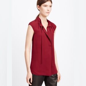VINCE sheer silk burgundy sleeveless tie neck blouse, size xs